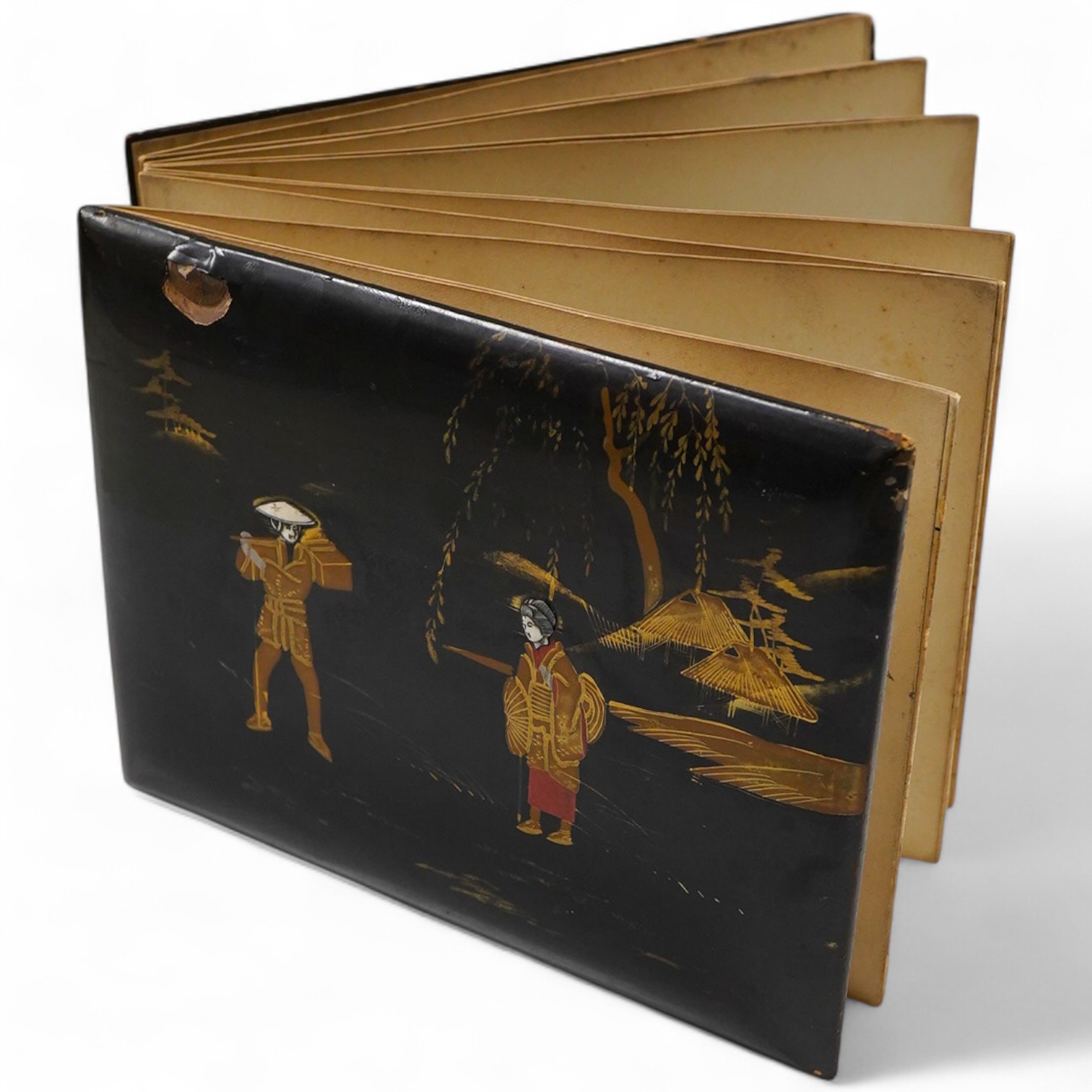 An early 20th century Japanese bone inlaid lacquer photograph album containing coloured photographs of people and Japanese scenes.19.5cm wide x 15.5cm high